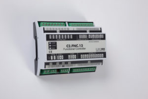 PLC Controller for Guest Room Management System, Smart Hotel Control and Home Automation - BACnet programmable functional controller BACnet PLC – C2.FNC.12 designed for wide range of building automation and guest room management system tasks – 4 relay outputs, 8 digital inputs, 2 analog outputs, 4 universal inputs