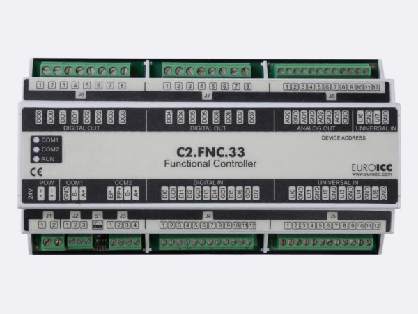 PLC Controller for Guest Room Management System, Smart Hotel Control and Home Automation – BACnet programmable functional controller BACnet PLC – C2.FNC.33 designed for wide range of building automation    and guest room management system tasks -8 relay outputs, 8 digital inputs, 4 analog outputs, 8 universal inputs