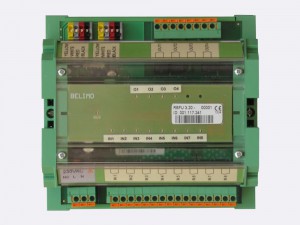 RBFU 3.20 has 8 digital inputs and 4 digital outputs. It is mountable on DIN rail. Inputs are potential free contacts. Outputs are NO relay contacts. The unit is connected to the Ringbus master controller via a 4 wire ring bus communication
