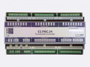 The BACnet programmable functional controller BACnet PLC – C2.FNC.34 designed for wide range of building automation tasks - 8 independent SPST NO relays, 2×3 group SPST NO relays, 2 triac outputs, 12 potential-free inputs, 3 analog outputs
