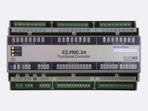 The BACnet programmable functional controller BACnet PLC – C2.FNC.34 designed for wide range of building automation tasks - 8 independent SPST NO relays, 2×3 group SPST NO relays, 2 triac outputs, 12 potential-free inputs, 3 analog outputs