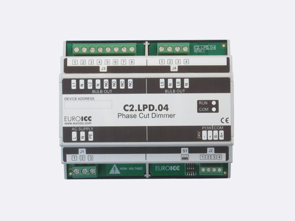 PLC Controller for Guest Room Management System, Smart Hotel Control and Home Automation – BACnet programmable functional controller BACnet PLC – Lighting Phase Cut Dimmer C2.LPD.04 is a programmable and   configurable Leading or Trailing edge phase cut dimmer designed for wide range of building automation  and guest room management system tasks.Up to 4 channels phase cut dimmer