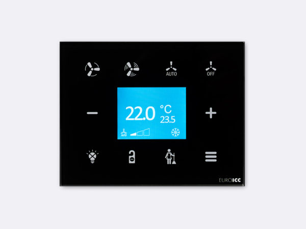 Smart Programmable Intelligent wall touch panel for Guest Room Management System, Smart Hotel Control, Home Automation and Building Automation – RD.RDA.11 – Customizable Intelligent Room Thermostat   designed for wide range of Building Automation and Guest Room Management System tasks