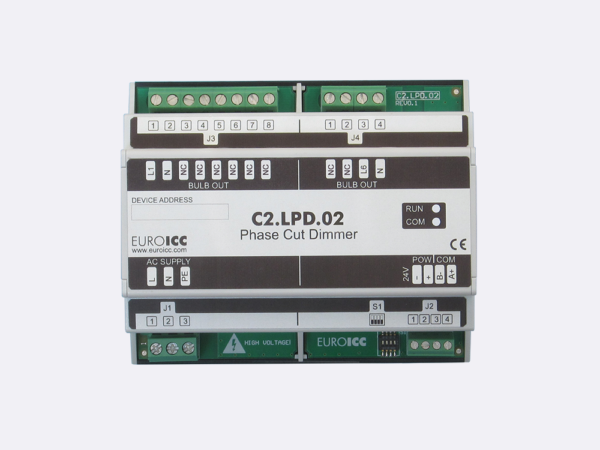 PLC Controller for Guest Room Management System, Smart Hotel Control and Home Automation – BACnet programmable functional controller BACnet PLC – Lighting Phase Cut Dimmer C2.LPD.02 is a programmable and   configurable Leading or Trailing edge phase cut dimmer designed for wide range of building automation  and guest room management system tasks.Up to 2 channels phase cut dimmer